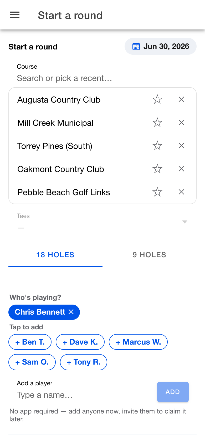 Open “Start a round”